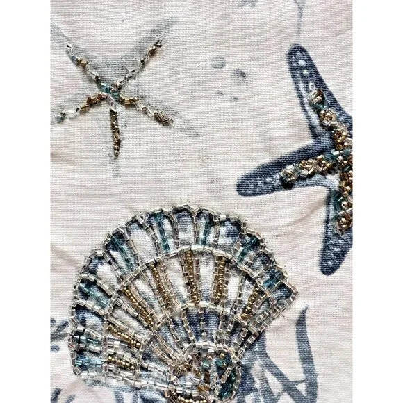 OCEAN Starfish Shell Kitchen Towel Set of 2 Sequins Blue Coral Beach 18"x28" - Picture 3 of 7